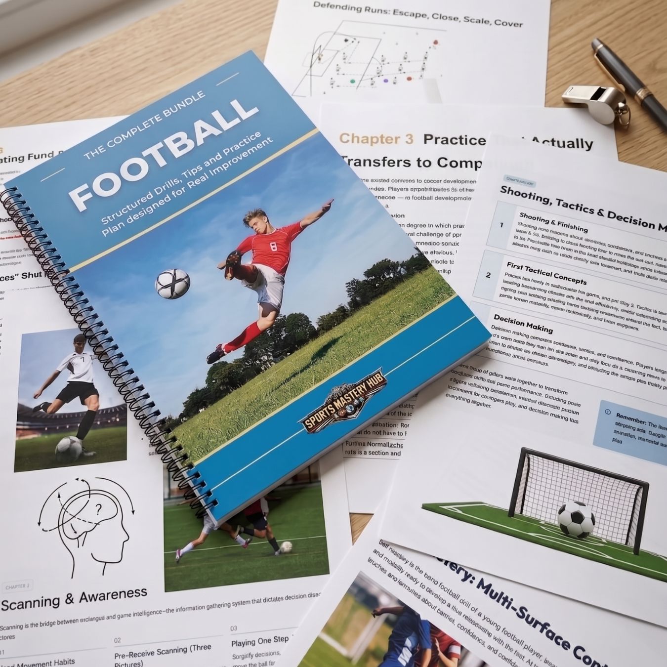 Football training manual on a table with Football-related documents