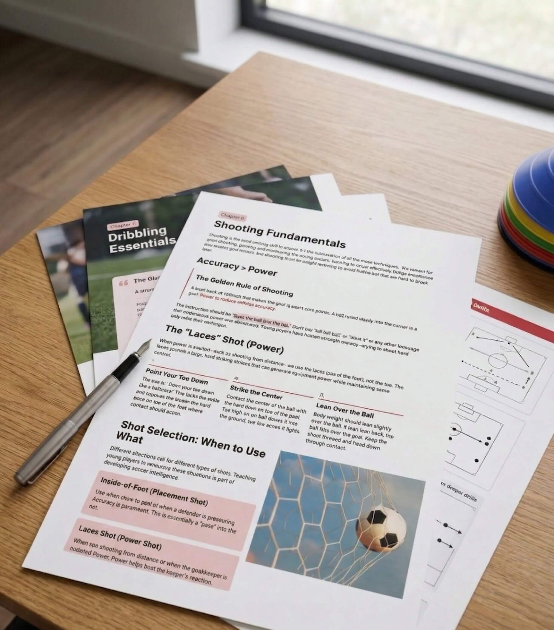 Educational Football sheets on a wooden table with a pen and colorful object in the background.