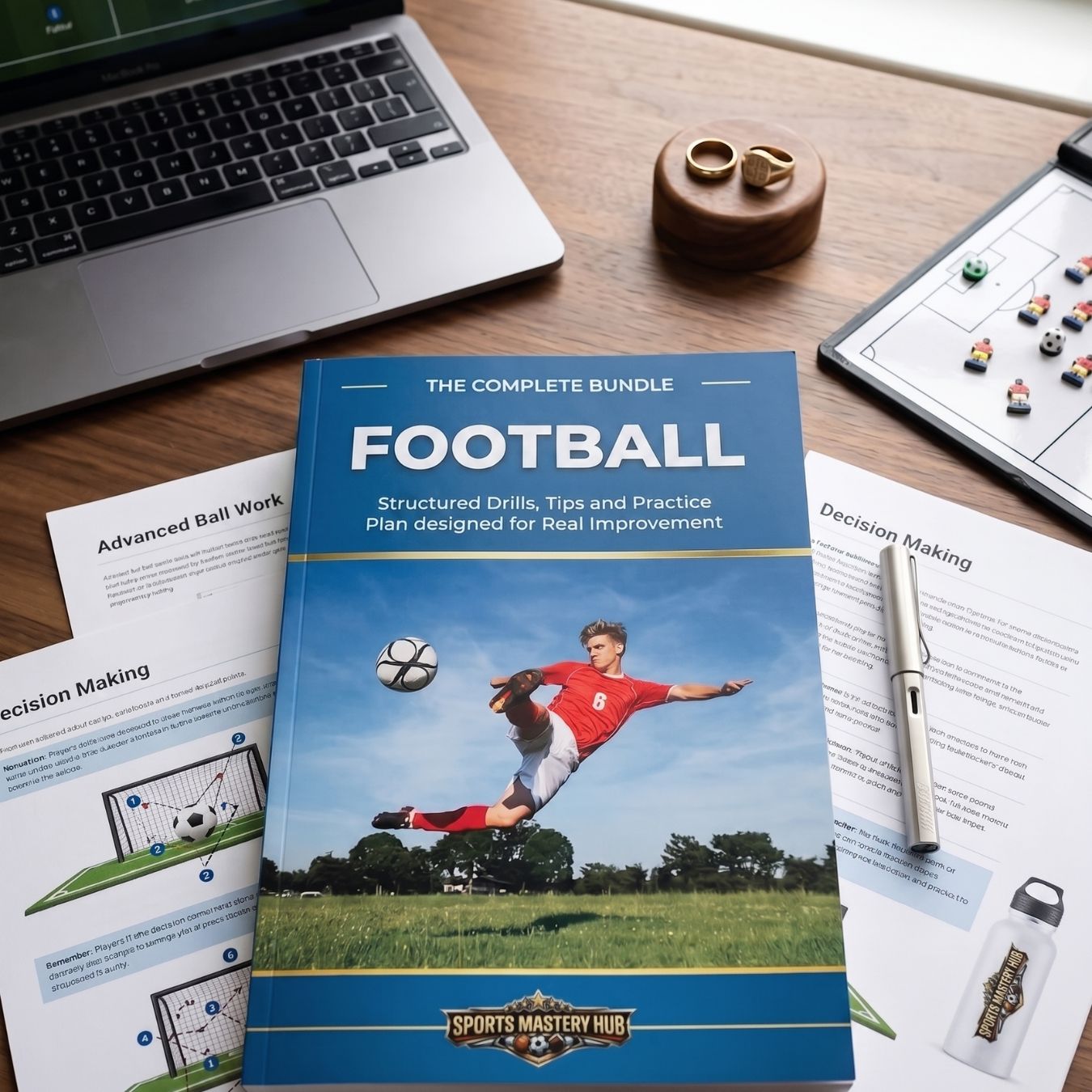 Football training book with laptop, tablet, and pen on a desk