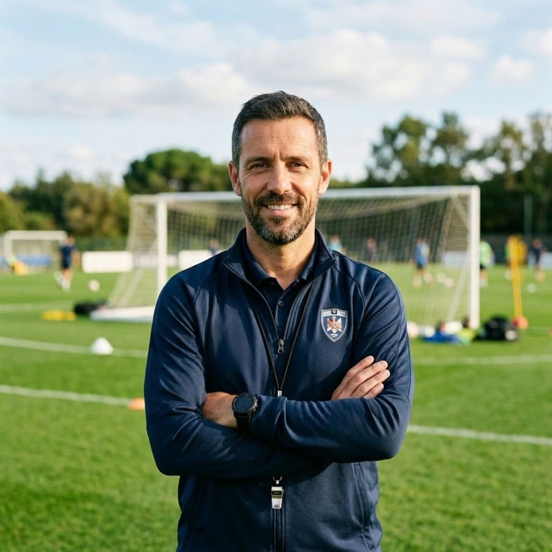 Man standing on a soccer field wearing a blue jacket with a logo, smiling.