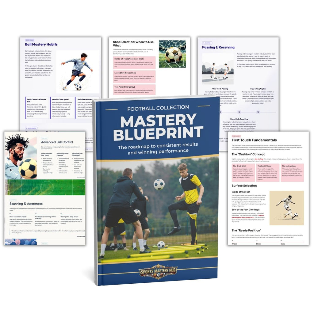 Book titled 'Mastery Blueprint' for football with related pages on a white background