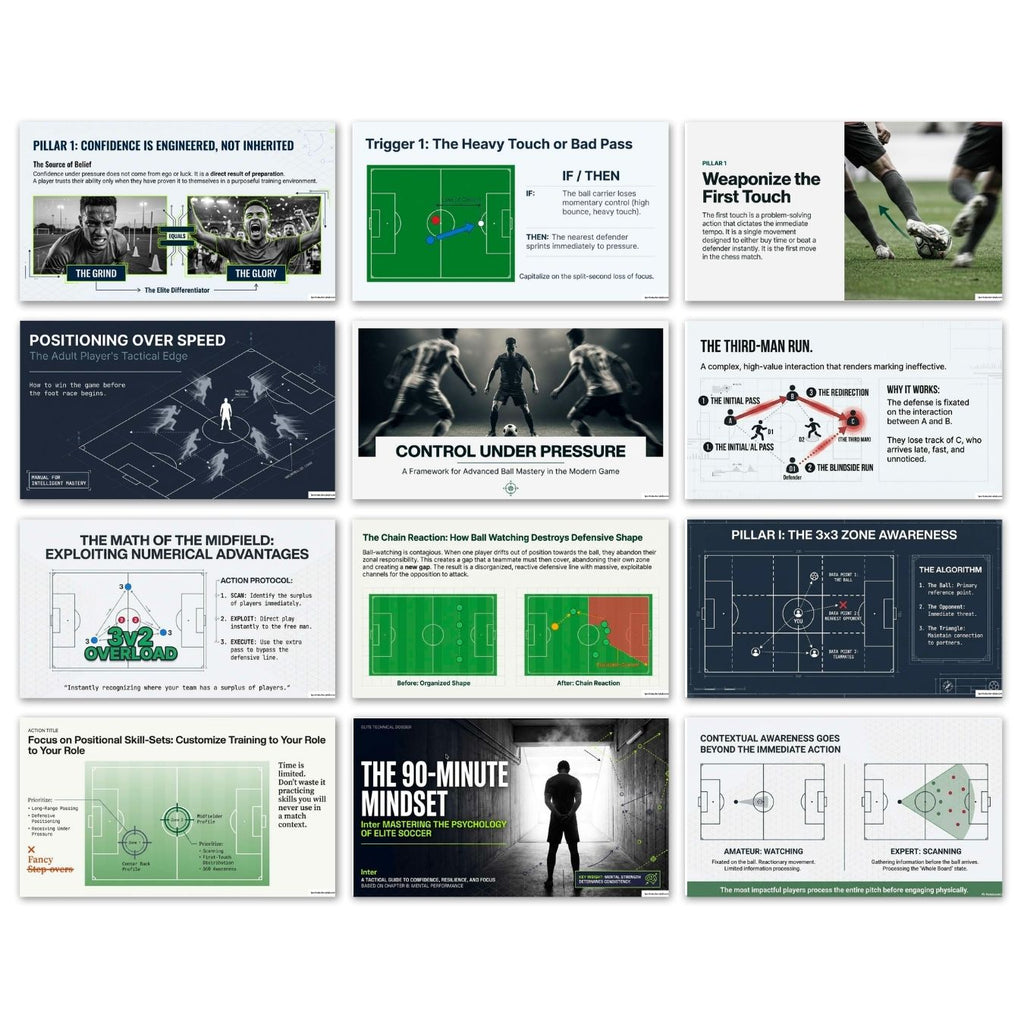 Collection of football training slides with various diagrams and text on a white background