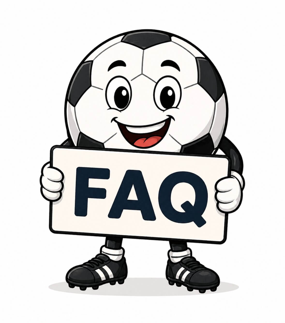 Football ball character holding a sign with 'FAQ' on a white background