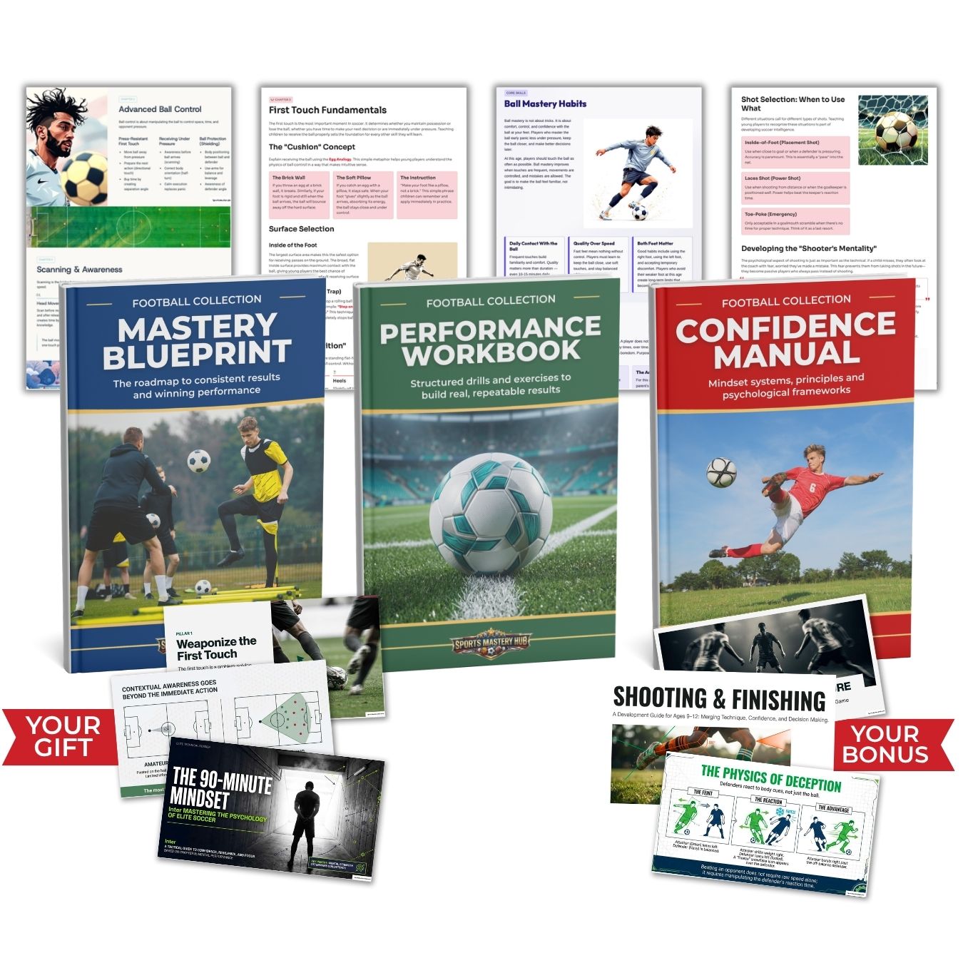 Collection of soccer training books and guides on a white background