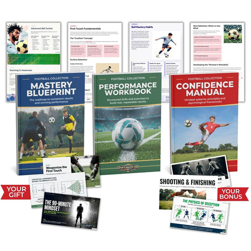 Collection of soccer training books and guides on a white background